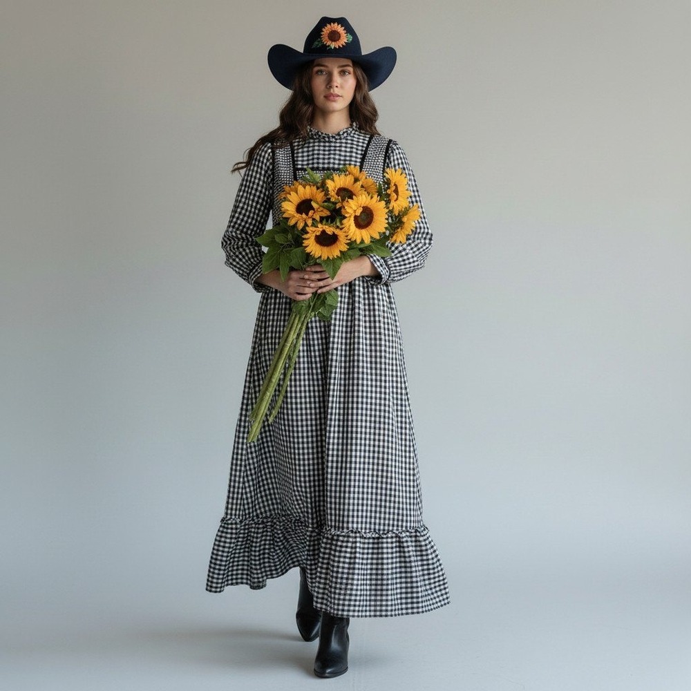 Vintage Gingham Check Prairie Maxi Dress Blue White Floral Bib Ruffle Size 9